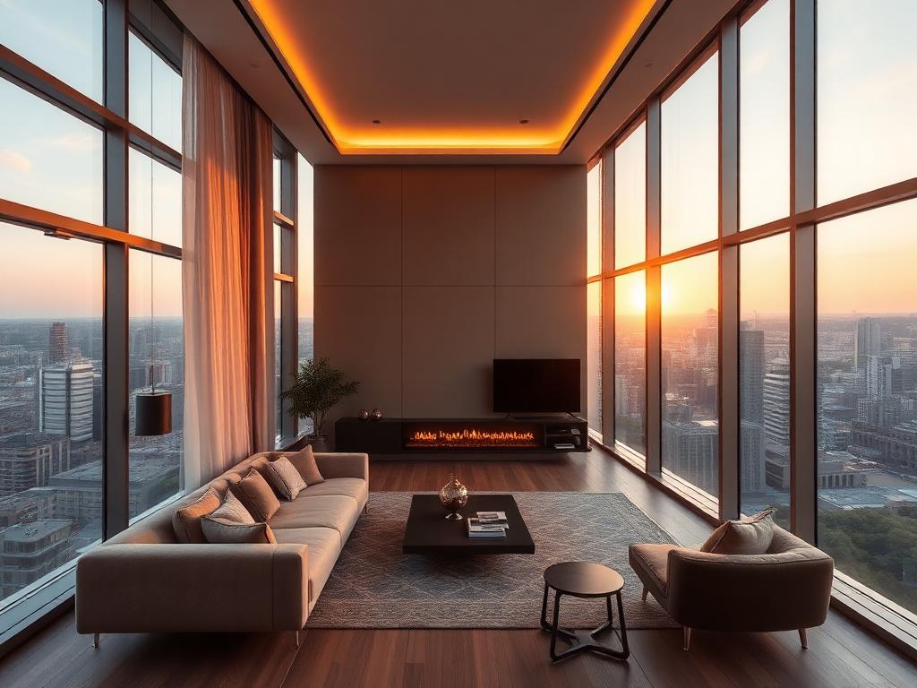 Nowoczesny apartament premium z ciepłym światłem wieczorem